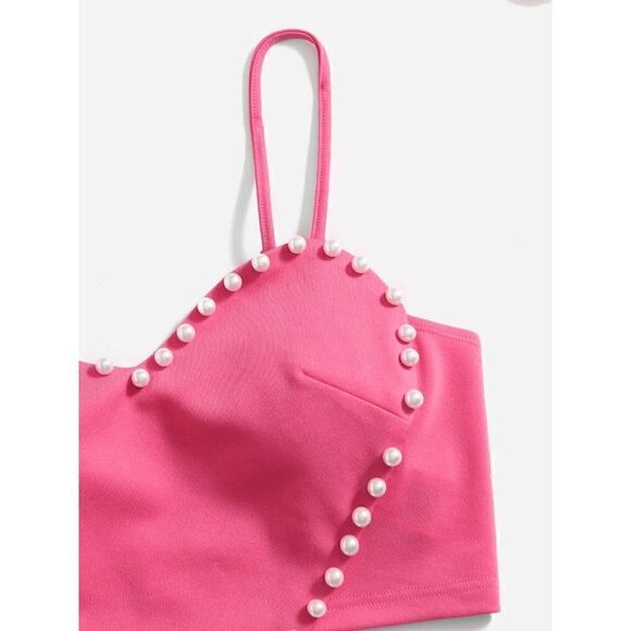 💗 Barbie Pink Cute Heart Shaped Crop Top Pearls Trim NEW WITH TAGS - Picture 3 of 16